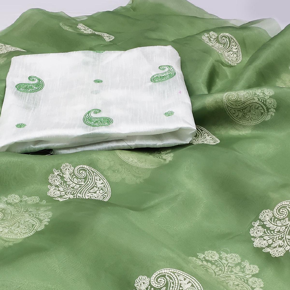 Green Embroidered Organza Saree - Peachmode
