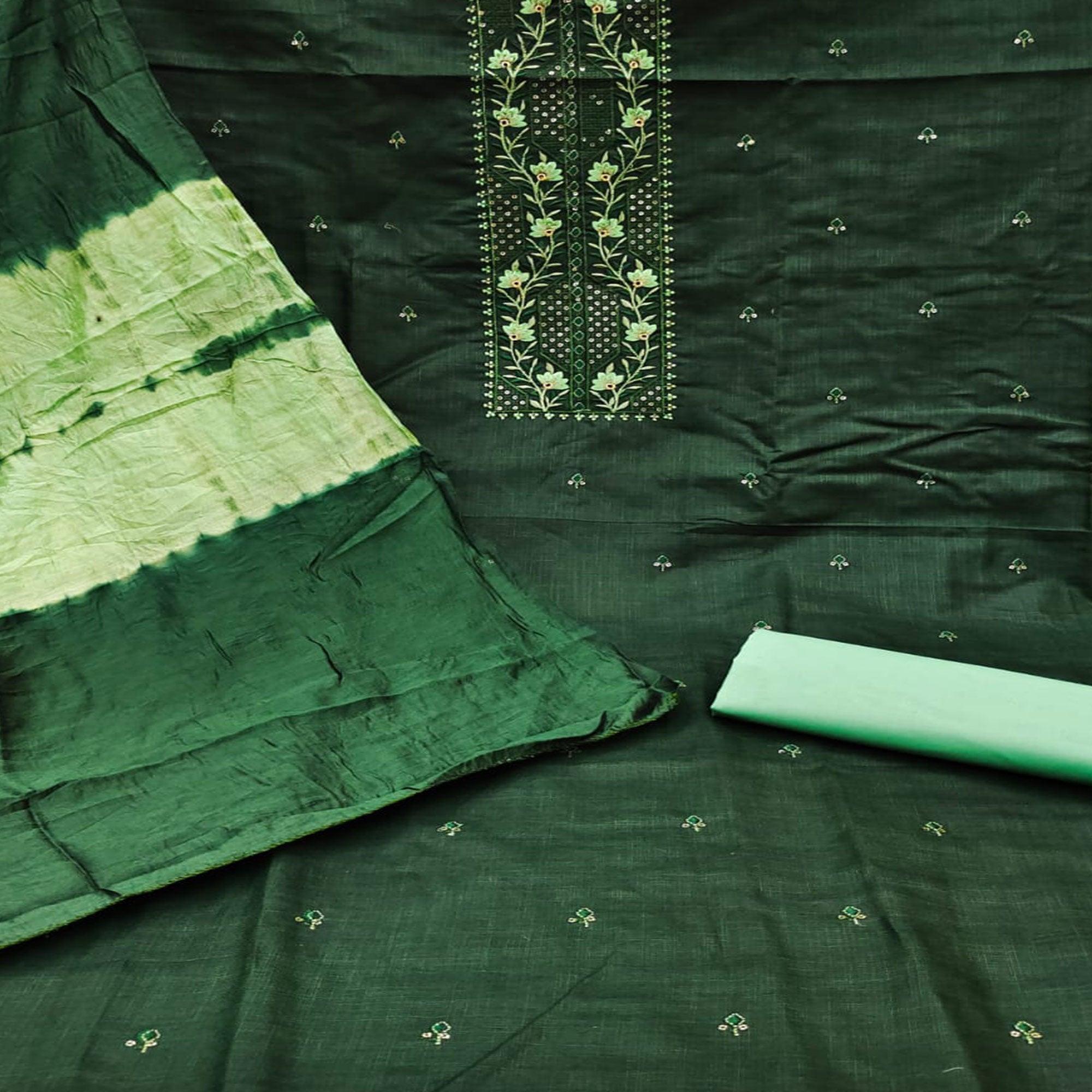 Green Embroidered Poly Cotton Dress Material - Peachmode