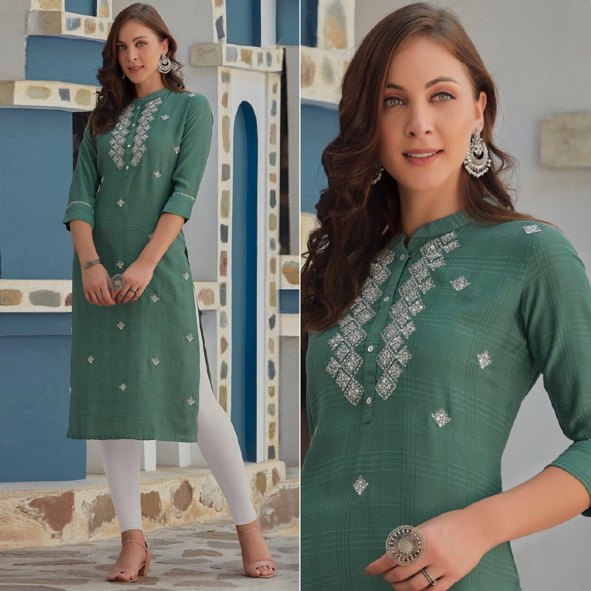 Green Embroidered Poly Cotton Kurti - Peachmode