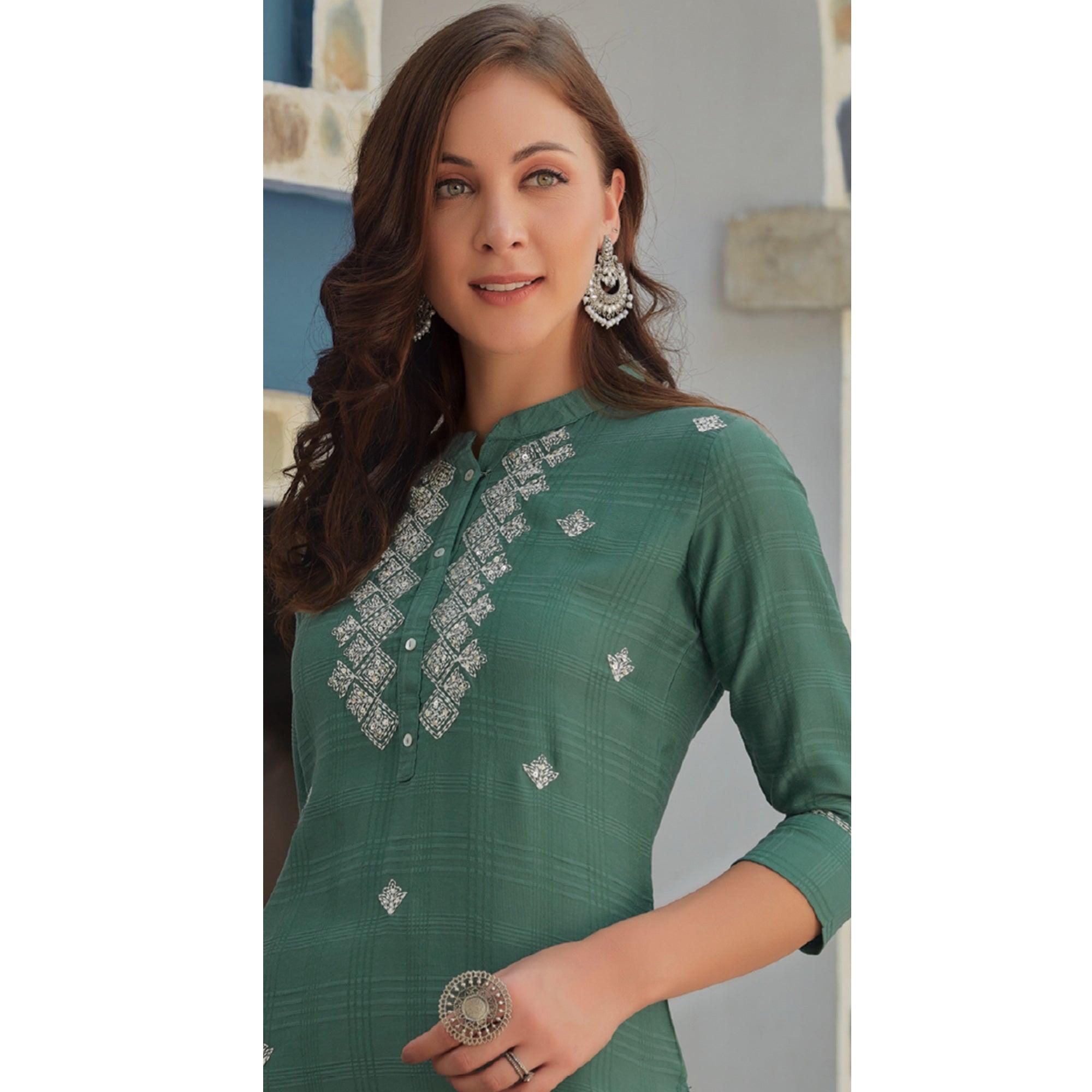 Green Embroidered Poly Cotton Kurti - Peachmode