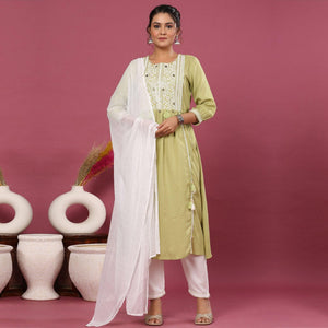 Green Embroidered Pure Cotton Anarkali Suit - Peachmode
