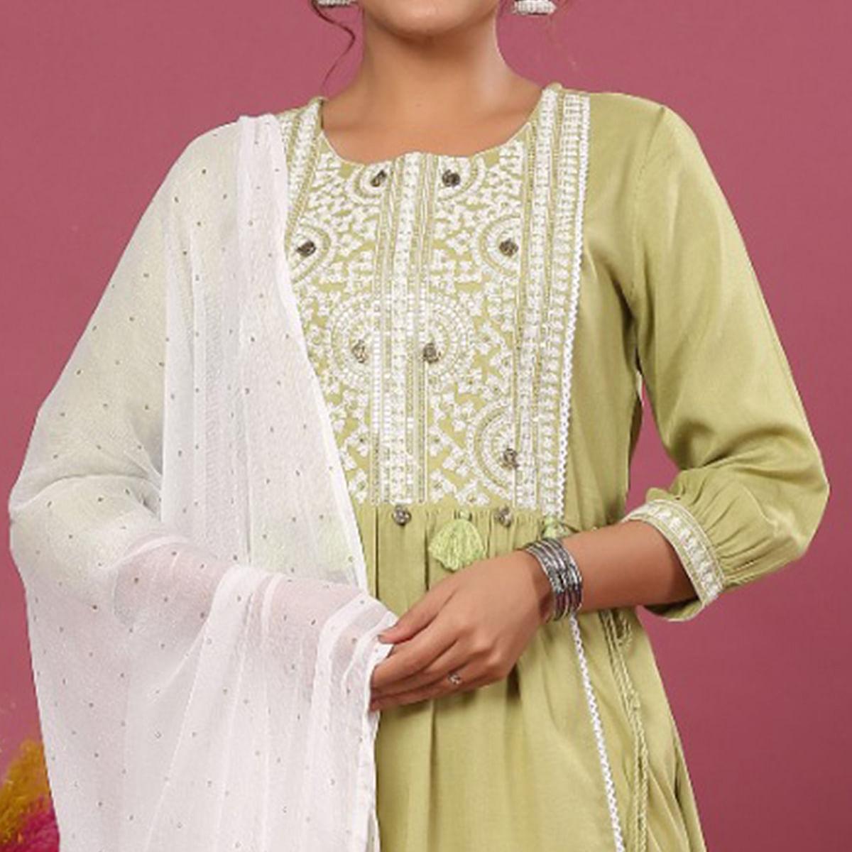 Green Embroidered Pure Cotton Anarkali Suit - Peachmode