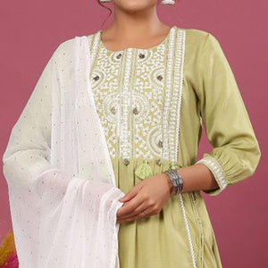 Green Embroidered Pure Cotton Anarkali Suit - Peachmode