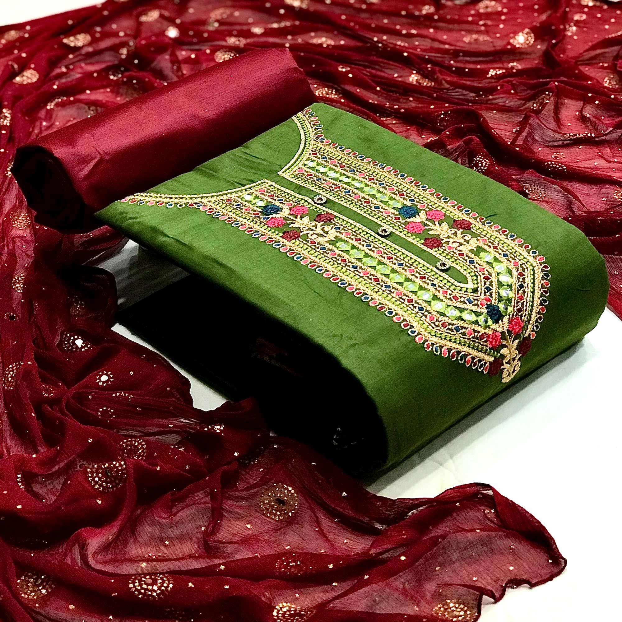 Green Embroidered Pure Cotton Dress Material - Peachmode