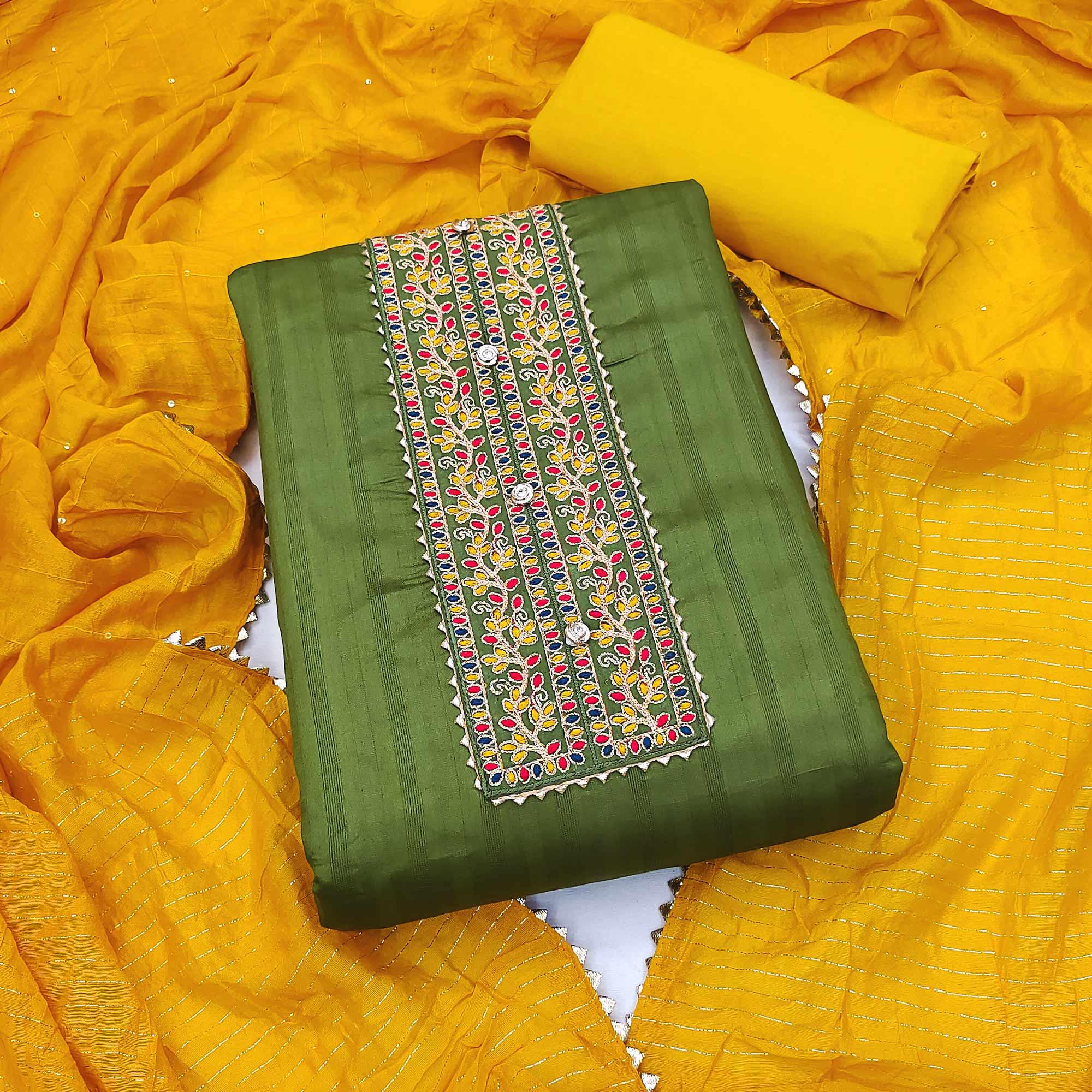 Green Embroidered Pure Cotton Dress Material - Peachmode