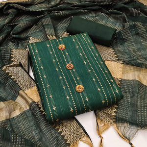 Green Embroidered Pure Cotton Dress Material - Peachmode