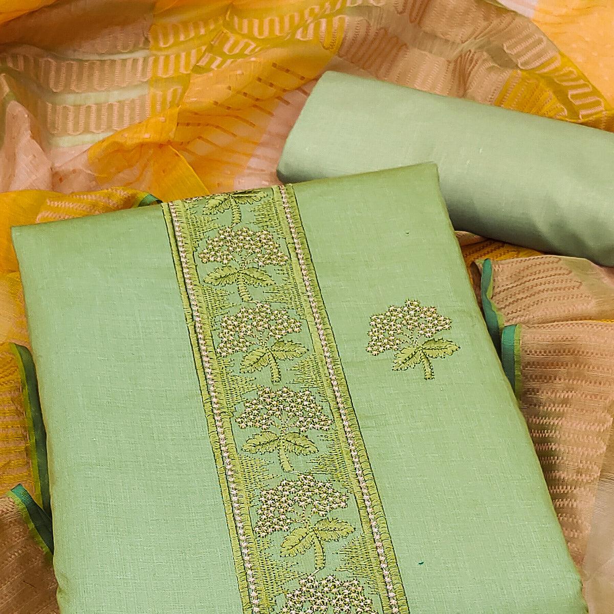 Green Embroidered Pure Cotton Dress Material - Peachmode