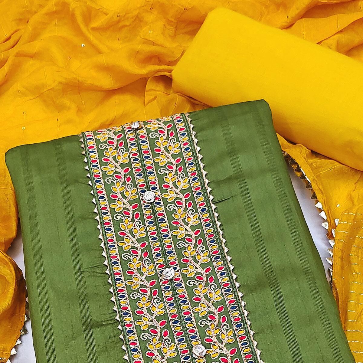 Green Embroidered Pure Cotton Dress Material - Peachmode