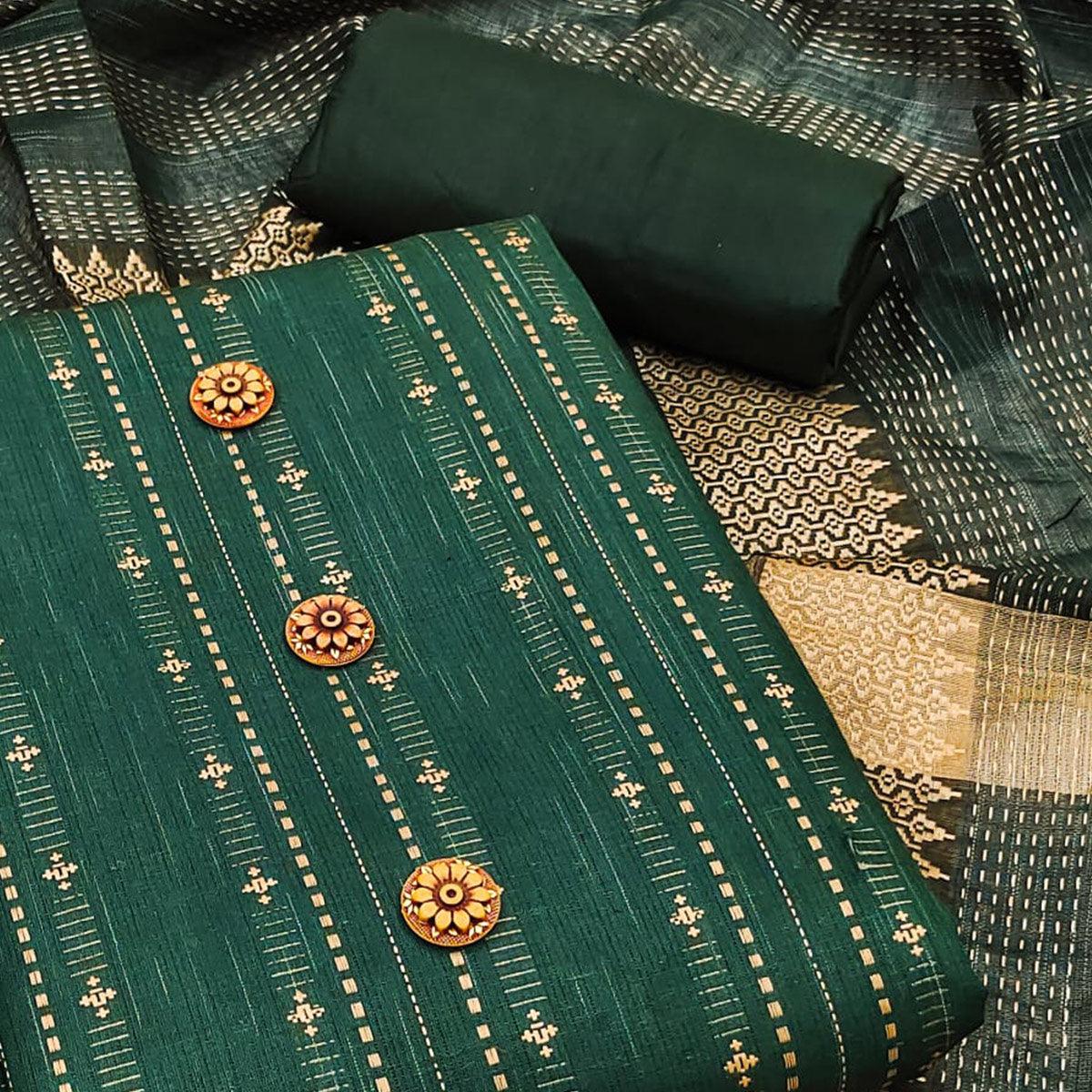 Green Embroidered Pure Cotton Dress Material - Peachmode