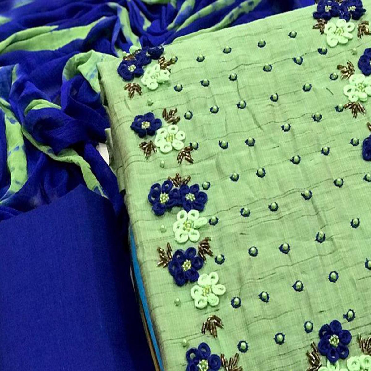 Green Embroidered Pure Cotton Dress Material - Peachmode