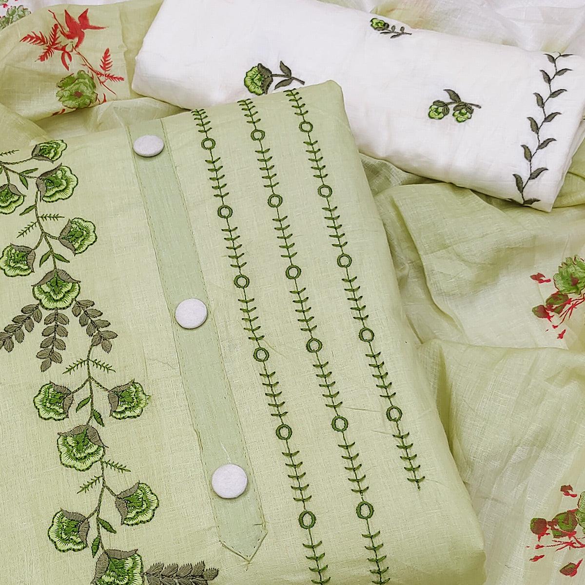 Green Embroidered Pure Cotton Dress Material - Peachmode