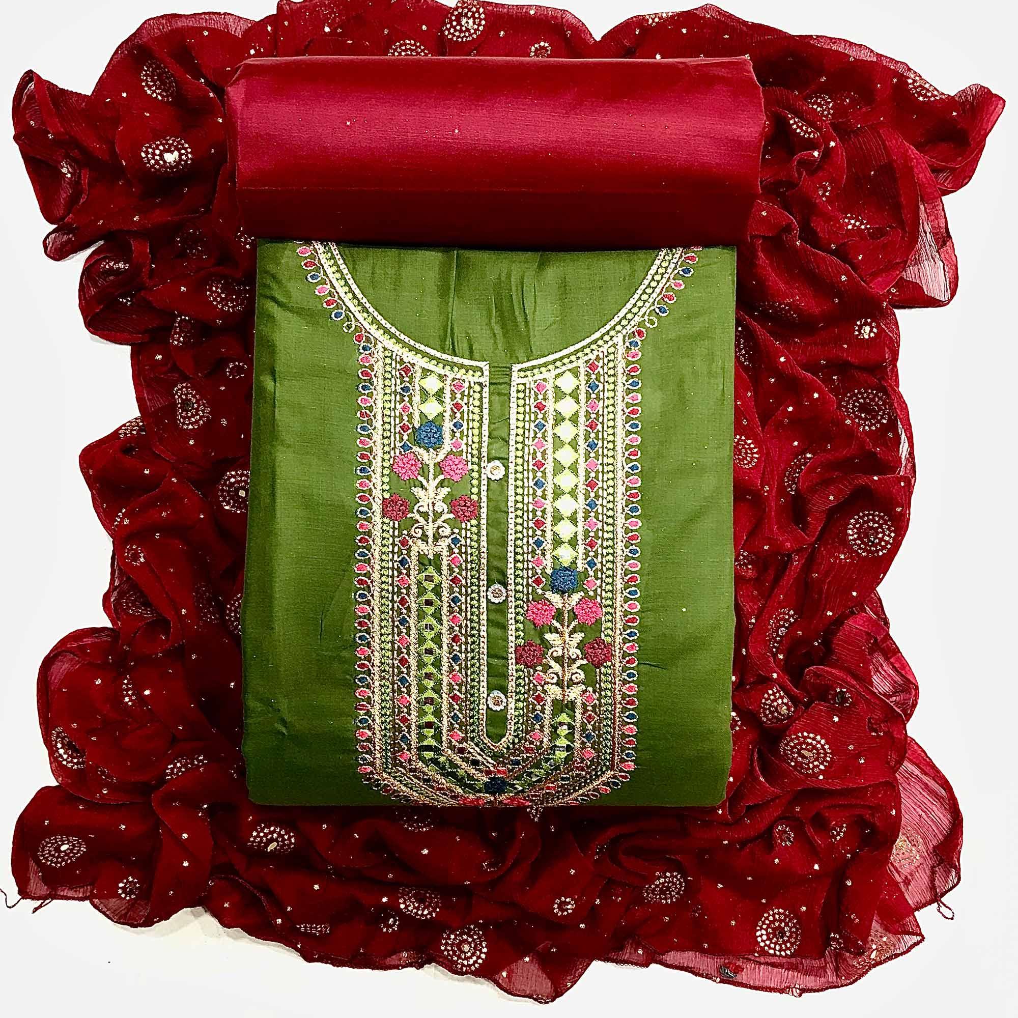 Green Embroidered Pure Cotton Dress Material - Peachmode