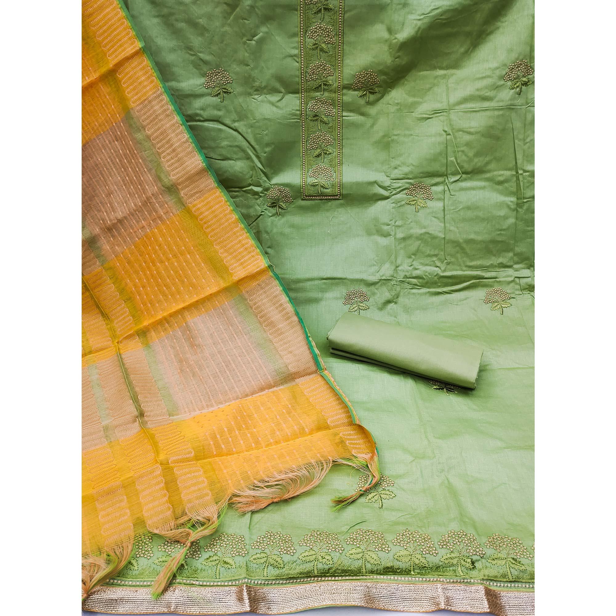 Green Embroidered Pure Cotton Dress Material - Peachmode