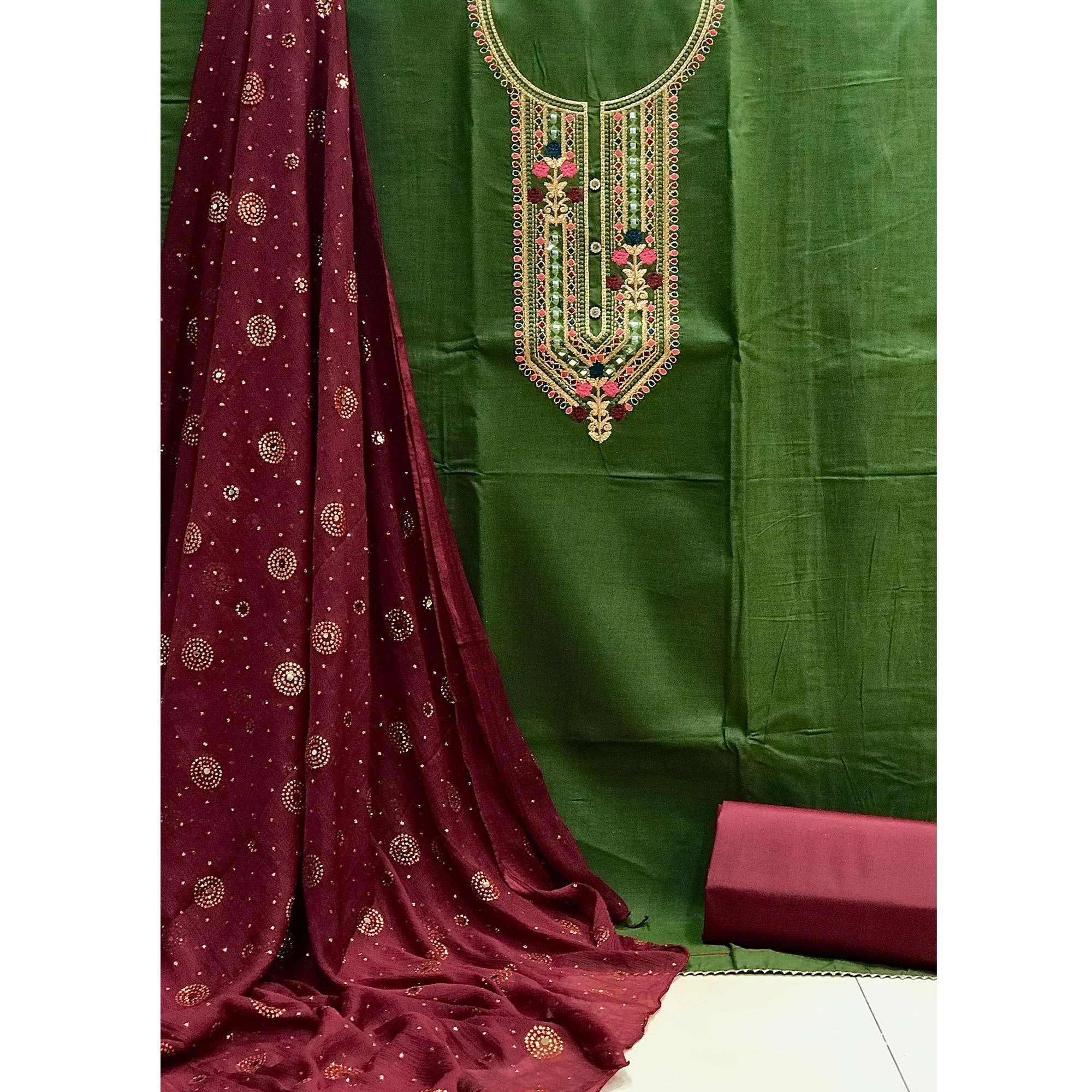 Green Embroidered Pure Cotton Dress Material - Peachmode