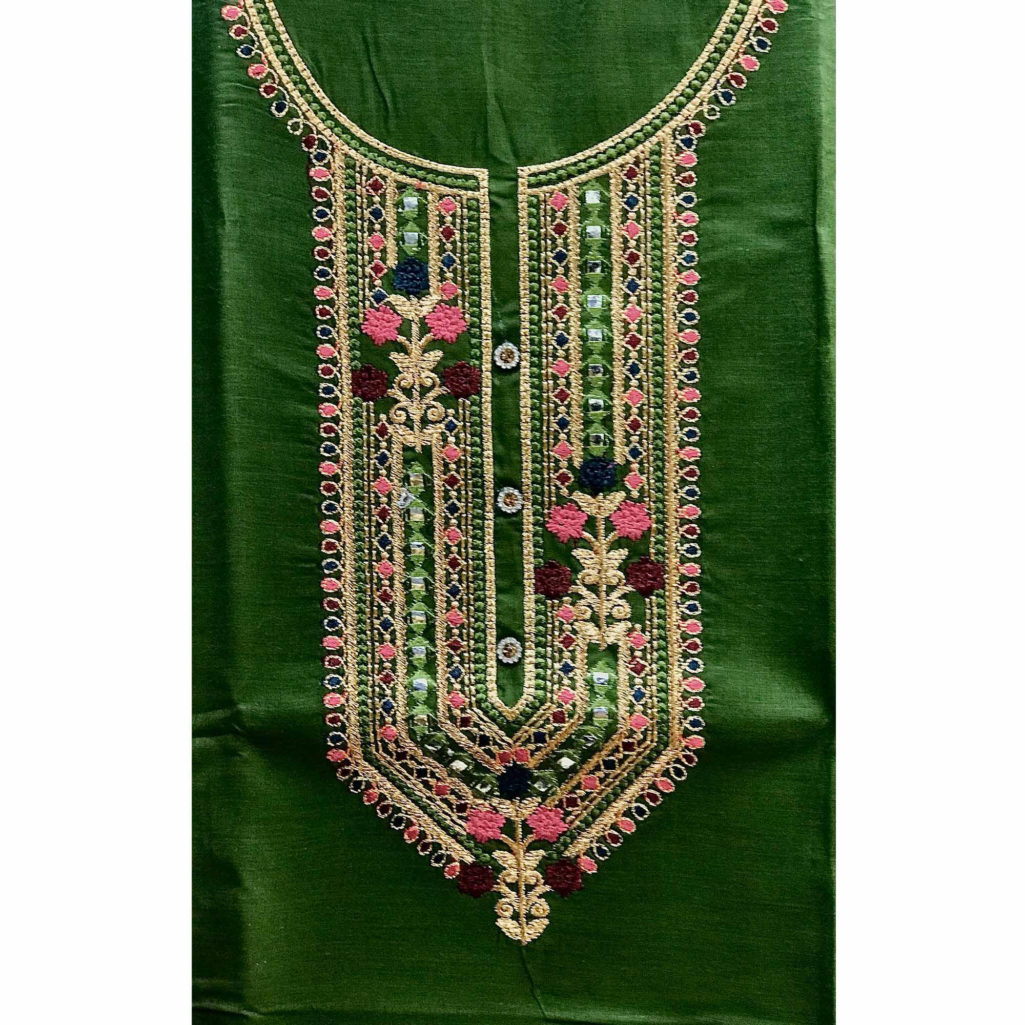 Green Embroidered Pure Cotton Dress Material - Peachmode