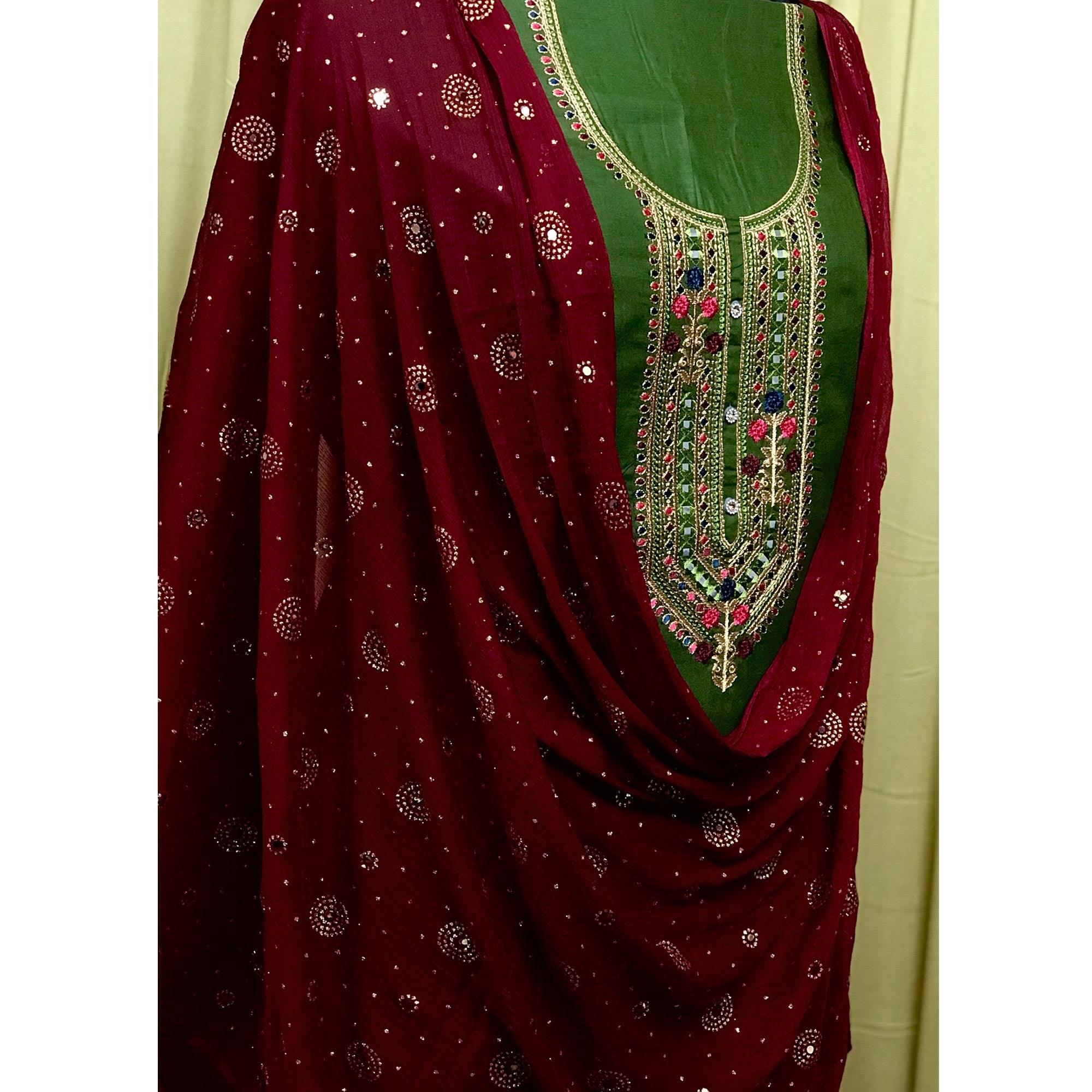 Green Embroidered Pure Cotton Dress Material - Peachmode