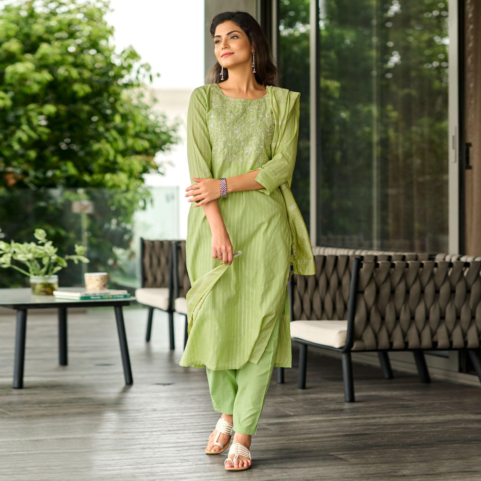 Green Embroidered Pure Cotton Kurti Pant Set With Dupatta - Peachmode
