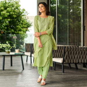 Green Embroidered Pure Cotton Kurti Pant Set With Dupatta - Peachmode