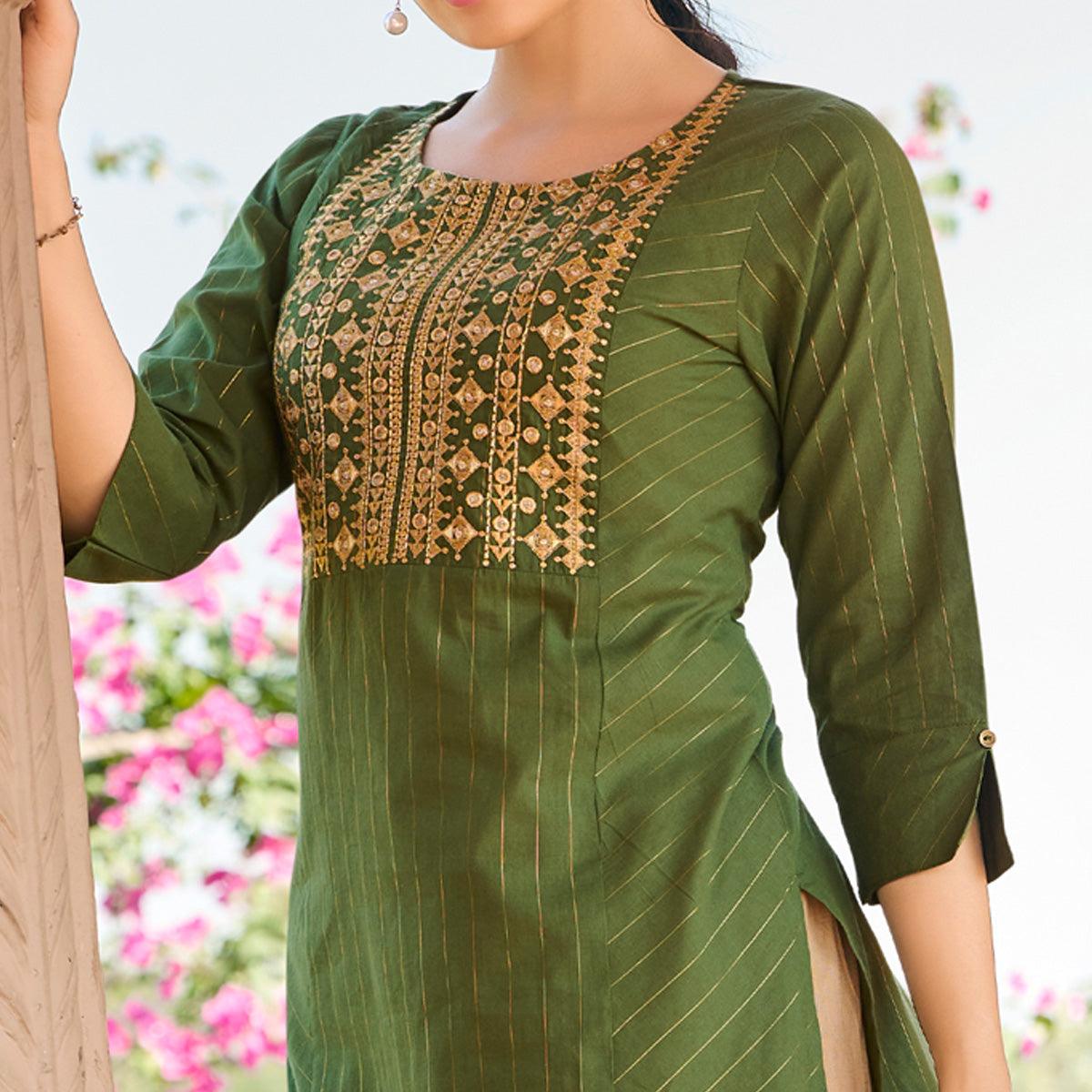 Green Embroidered Pure Cotton Kurti Pant Set With Dupatta - Peachmode