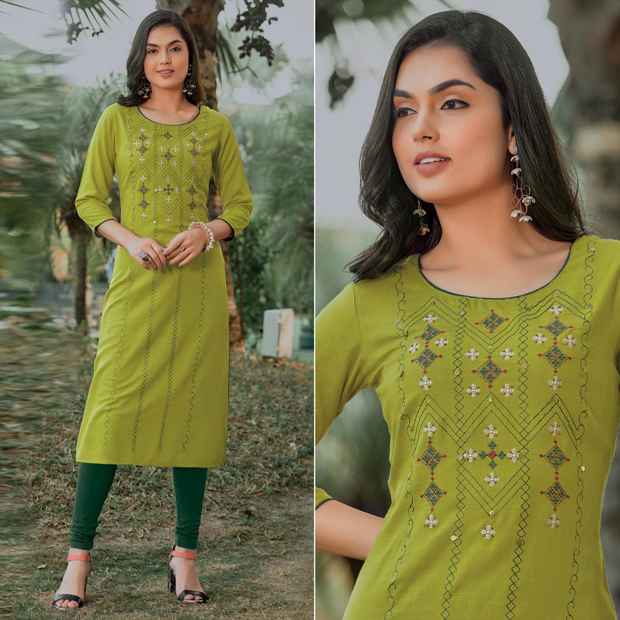 Green Embroidered Pure Cotton Kurti - Peachmode
