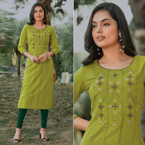 Green Embroidered Pure Cotton Kurti - Peachmode
