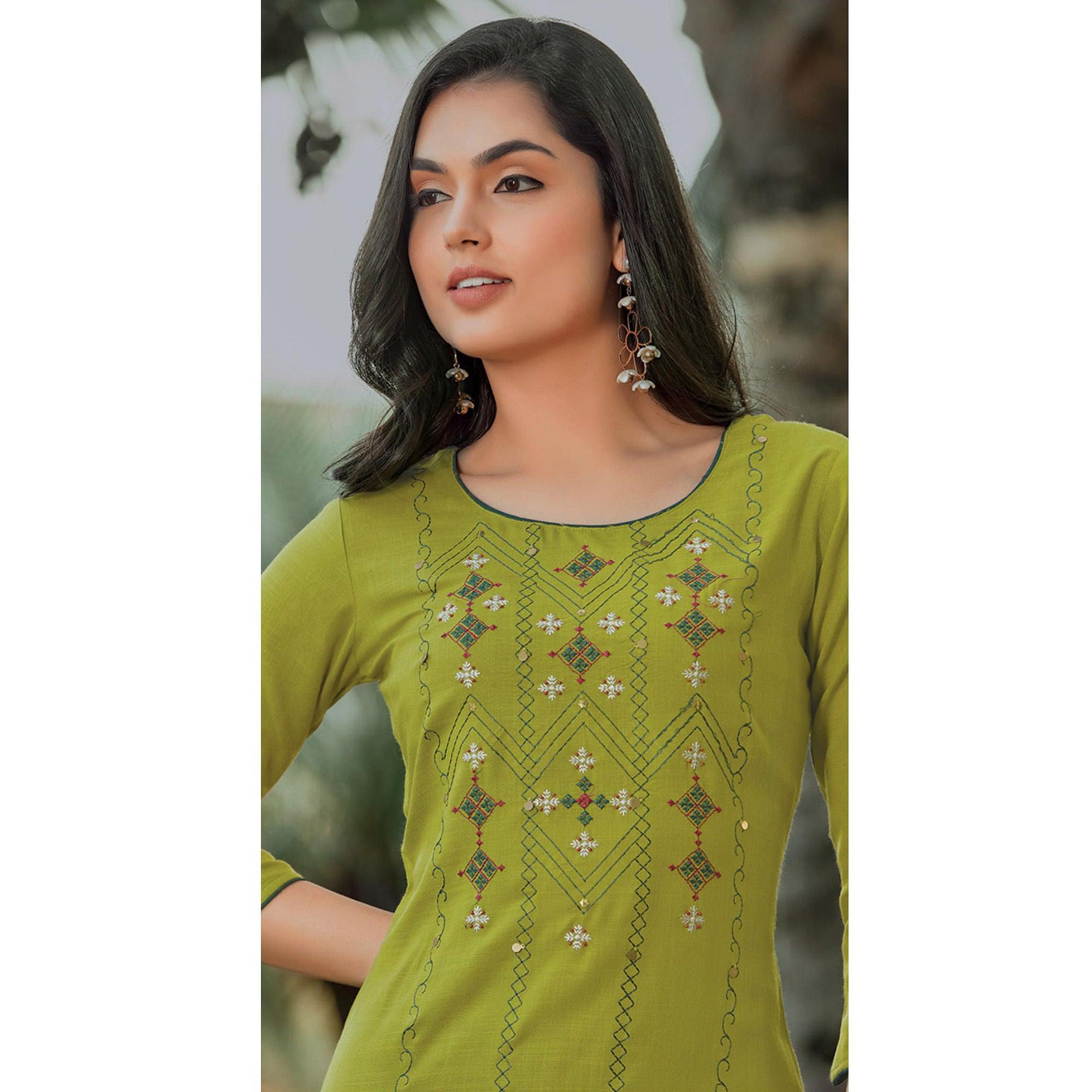 Green Embroidered Pure Cotton Kurti - Peachmode