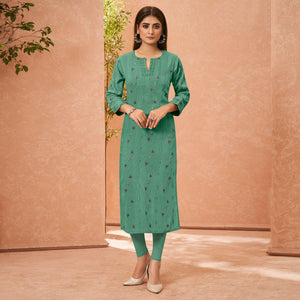 Green Embroidered Pure Cotton Kurti - Peachmode