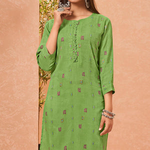 Green Embroidered Pure Cotton Kurti - Peachmode