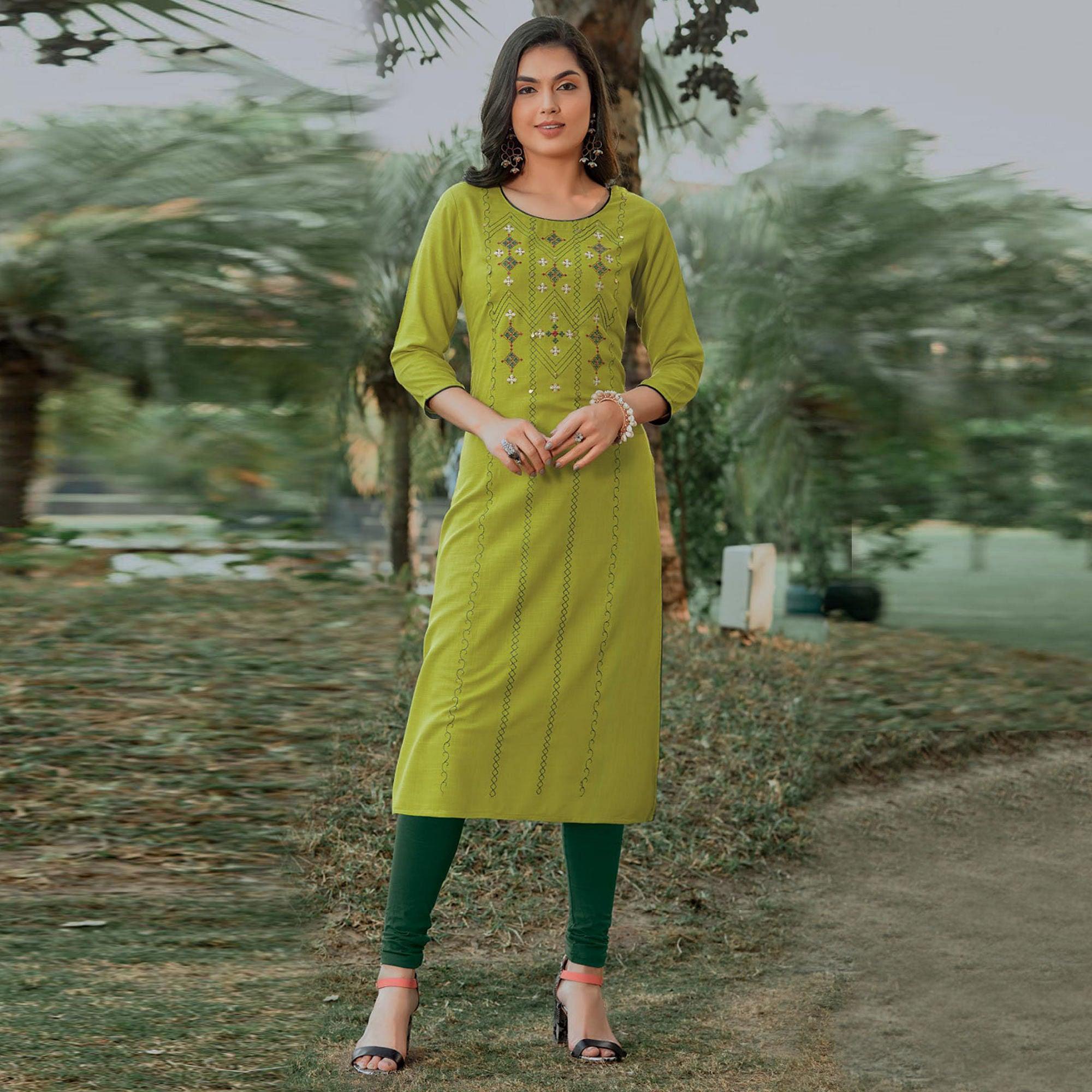 Green Embroidered Pure Cotton Kurti - Peachmode