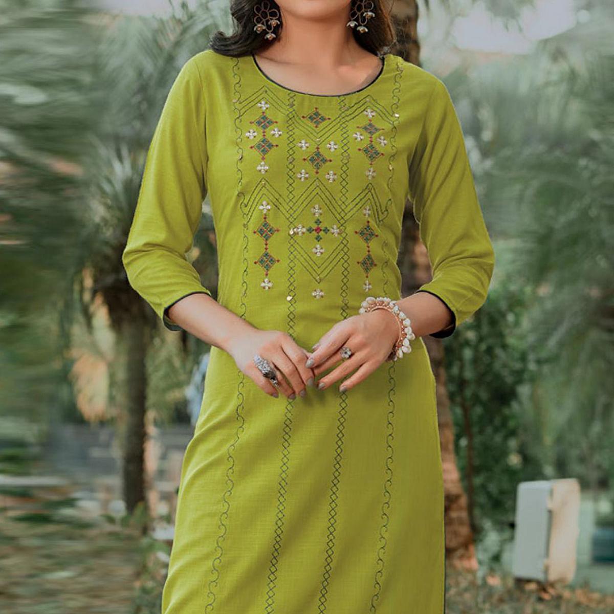 Green Embroidered Pure Cotton Kurti - Peachmode