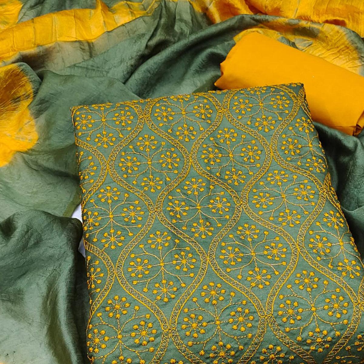 Green Embroidered Pure Silk Dress Material - Peachmode