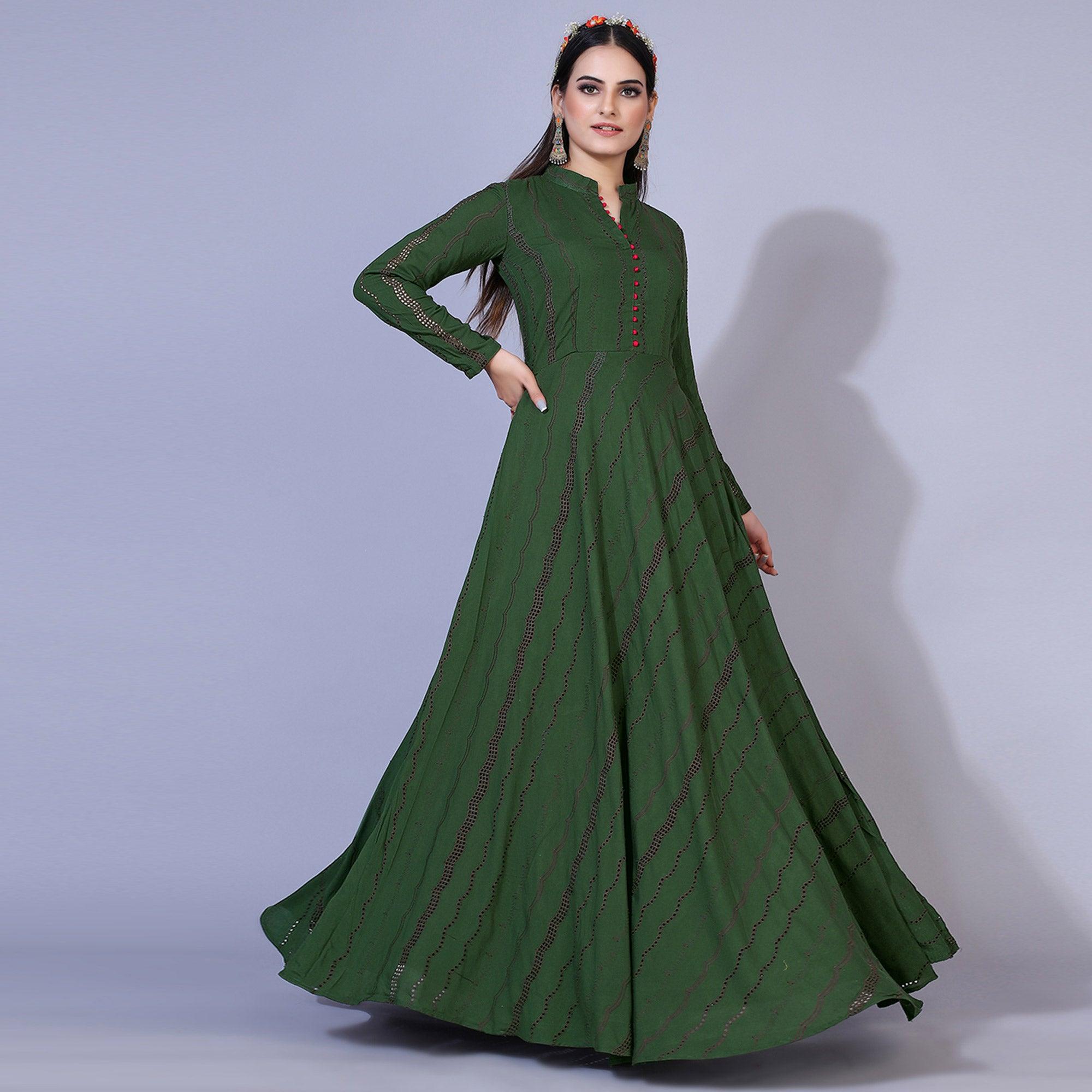Green Embroidered Rayon Anarkali Style Gown - Peachmode
