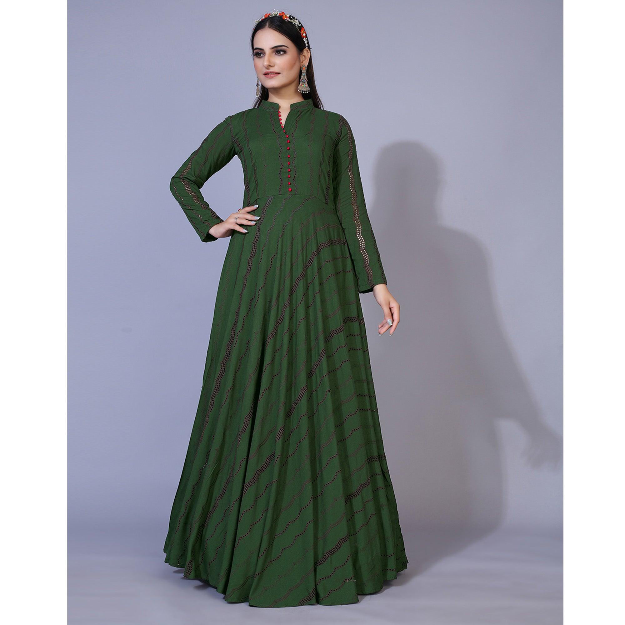 Green Embroidered Rayon Anarkali Style Gown - Peachmode