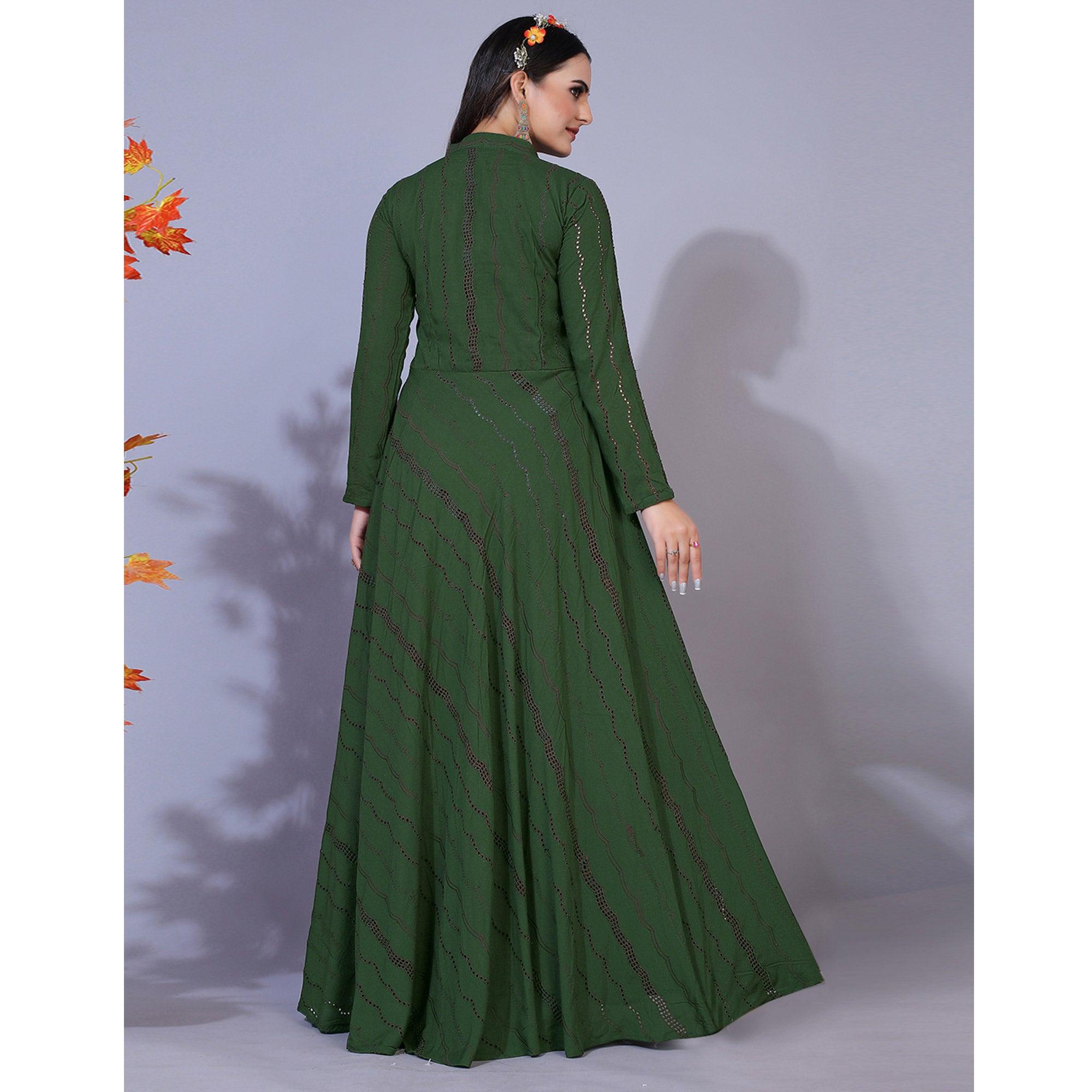 Green Embroidered Rayon Anarkali Style Gown - Peachmode