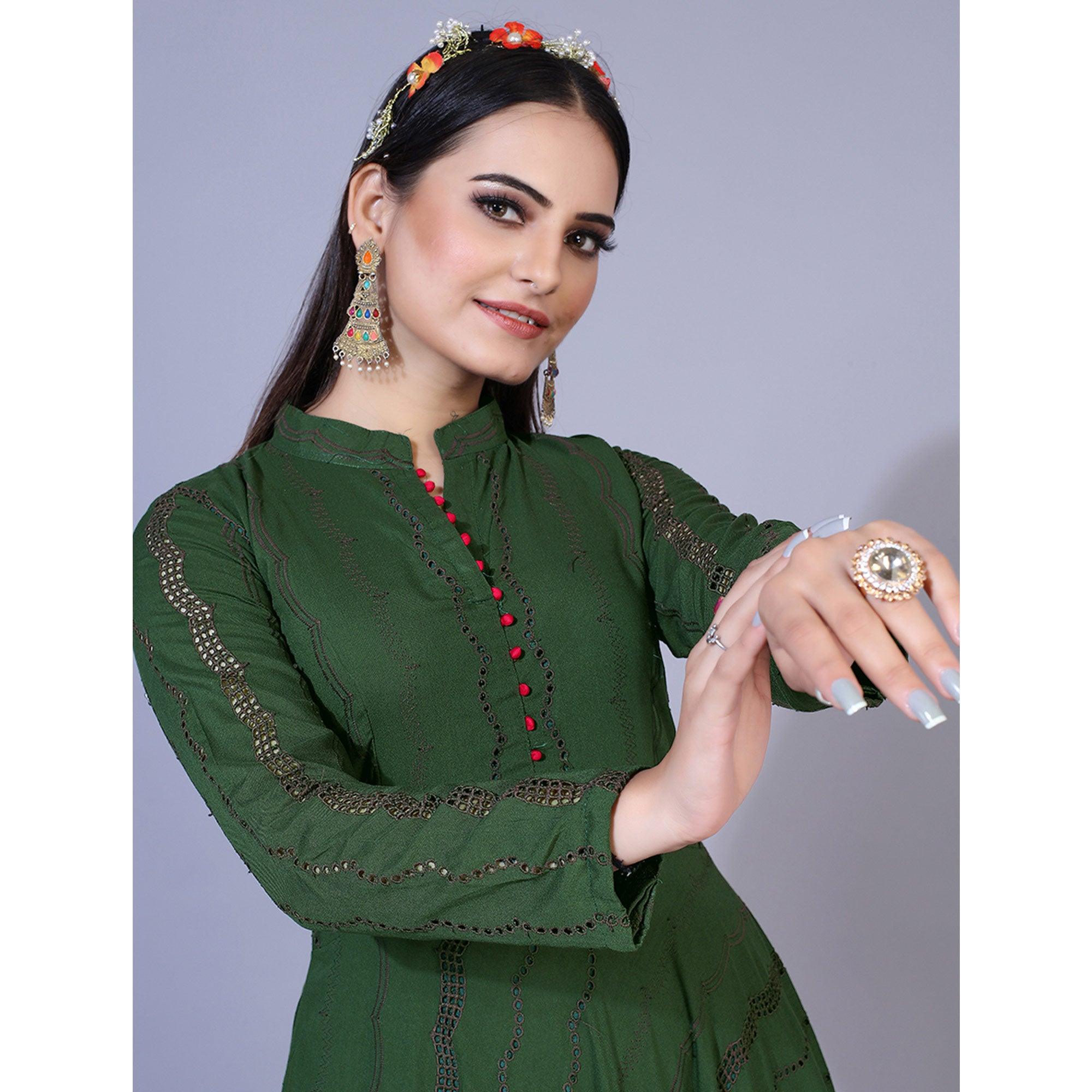 Green Embroidered Rayon Anarkali Style Gown - Peachmode