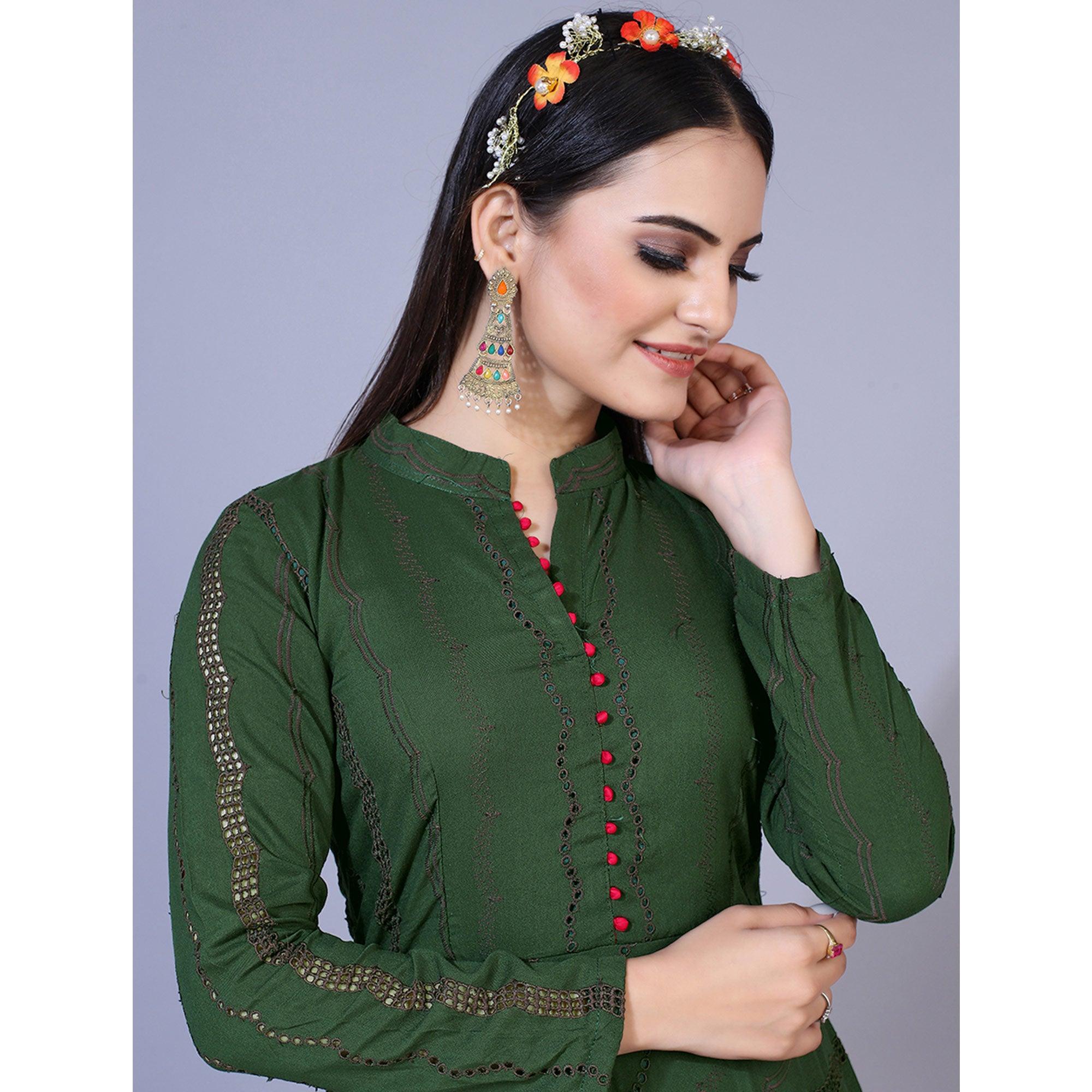 Green Embroidered Rayon Anarkali Style Gown - Peachmode