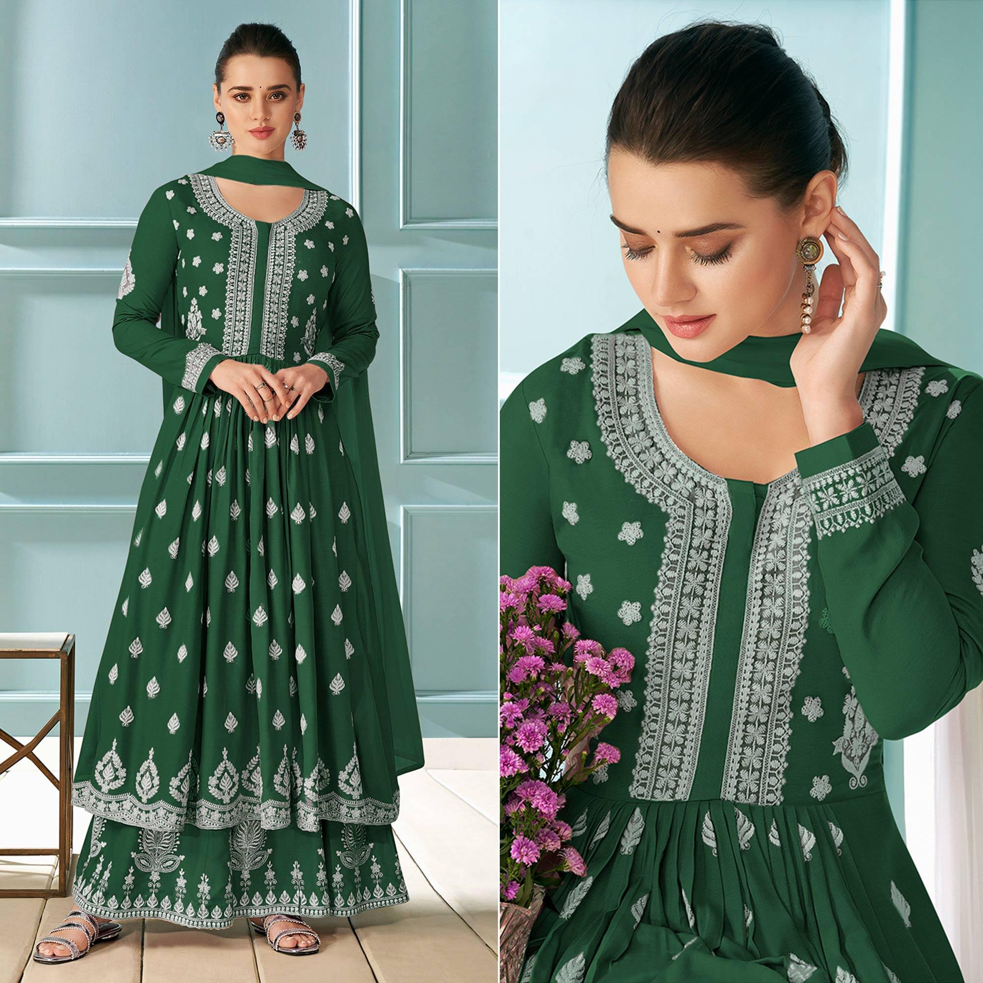 Green Embroidered Rayon Kurti Palazzo Suit - Peachmode