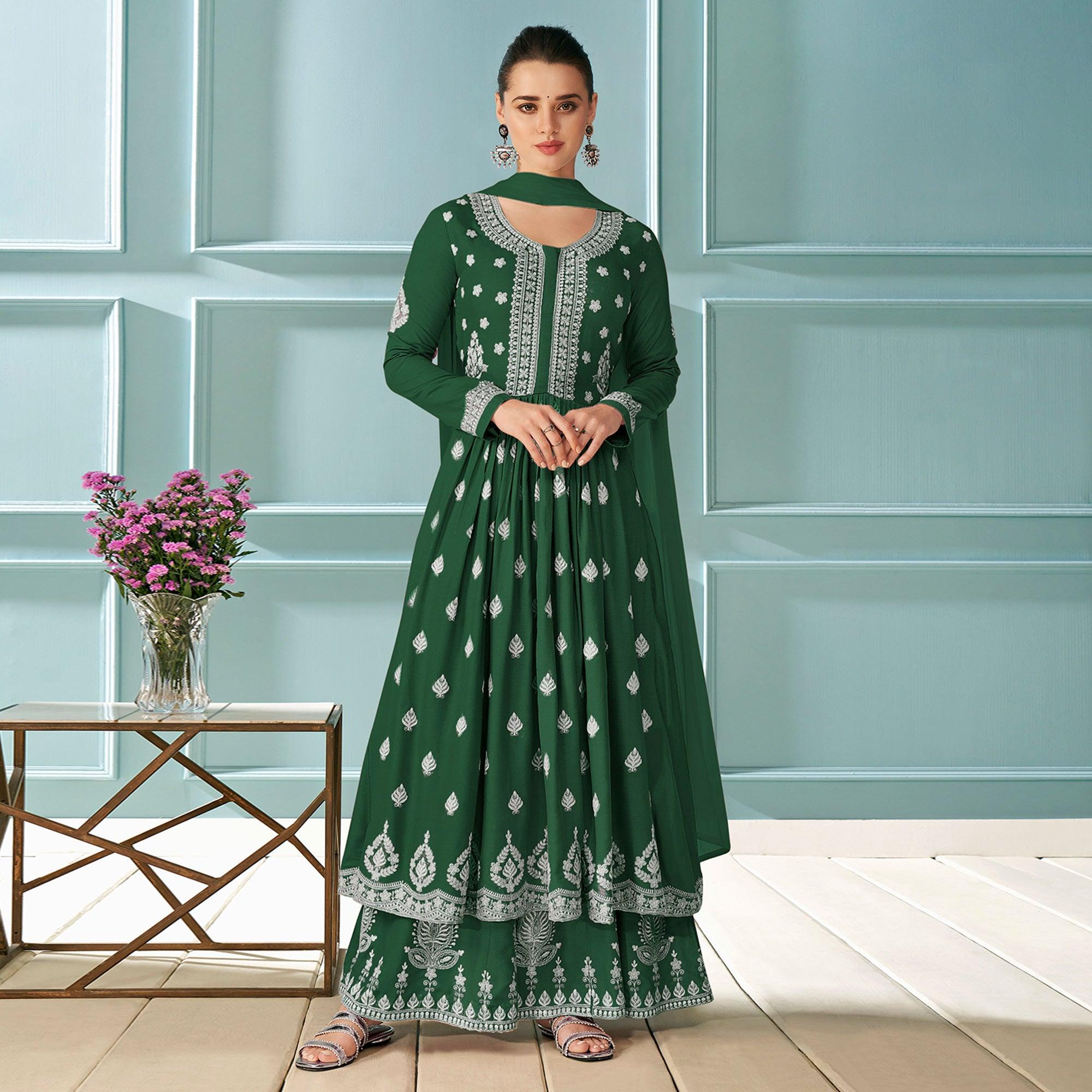 Green Embroidered Rayon Kurti Palazzo Suit - Peachmode