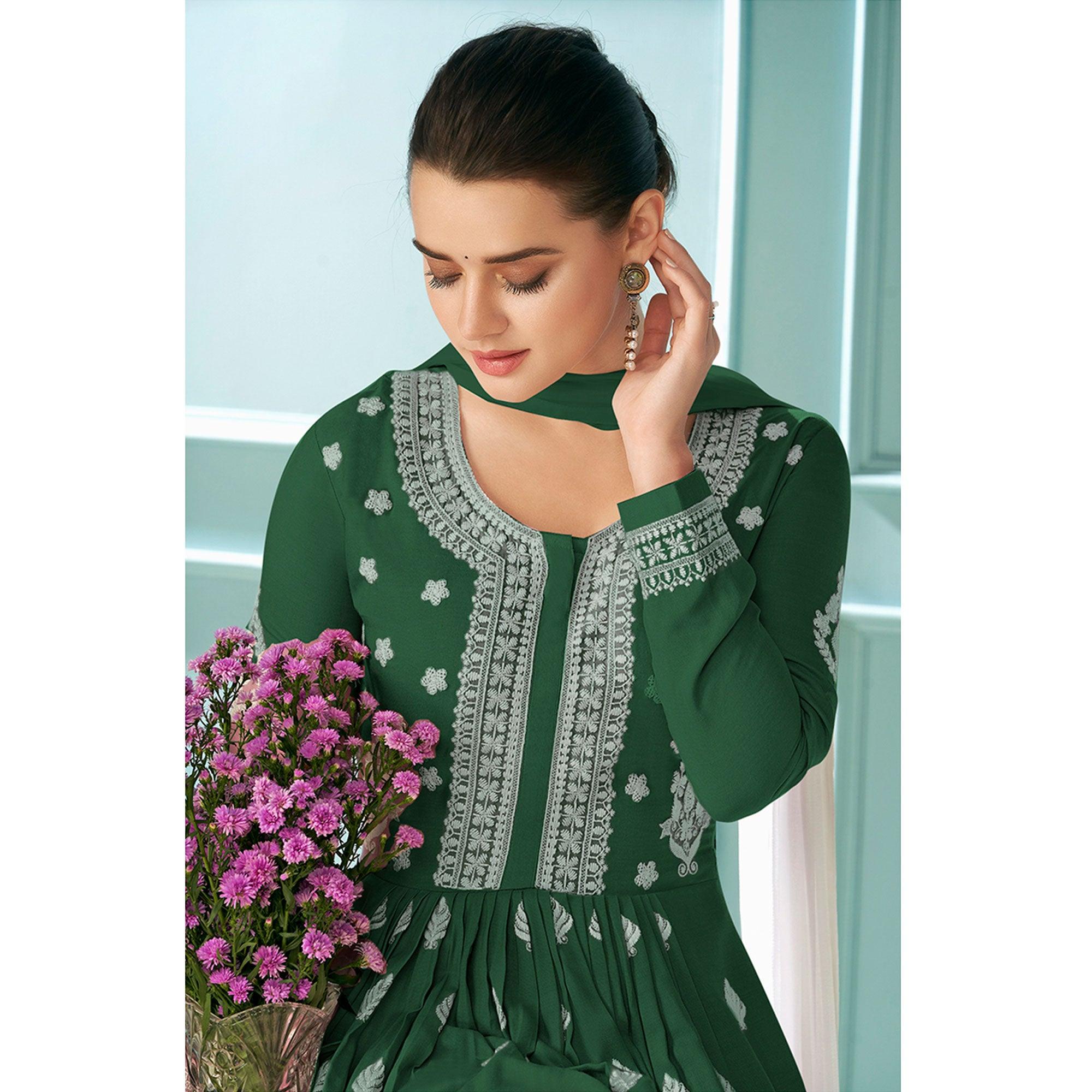 Green Embroidered Rayon Kurti Palazzo Suit - Peachmode