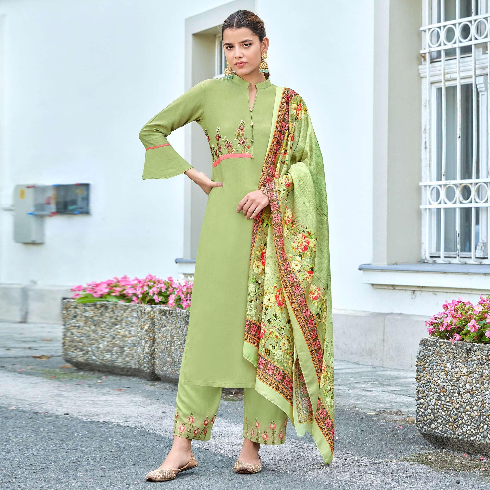 Green Embroidered Rayon Kurti Pant Set With Dupatta - Peachmode