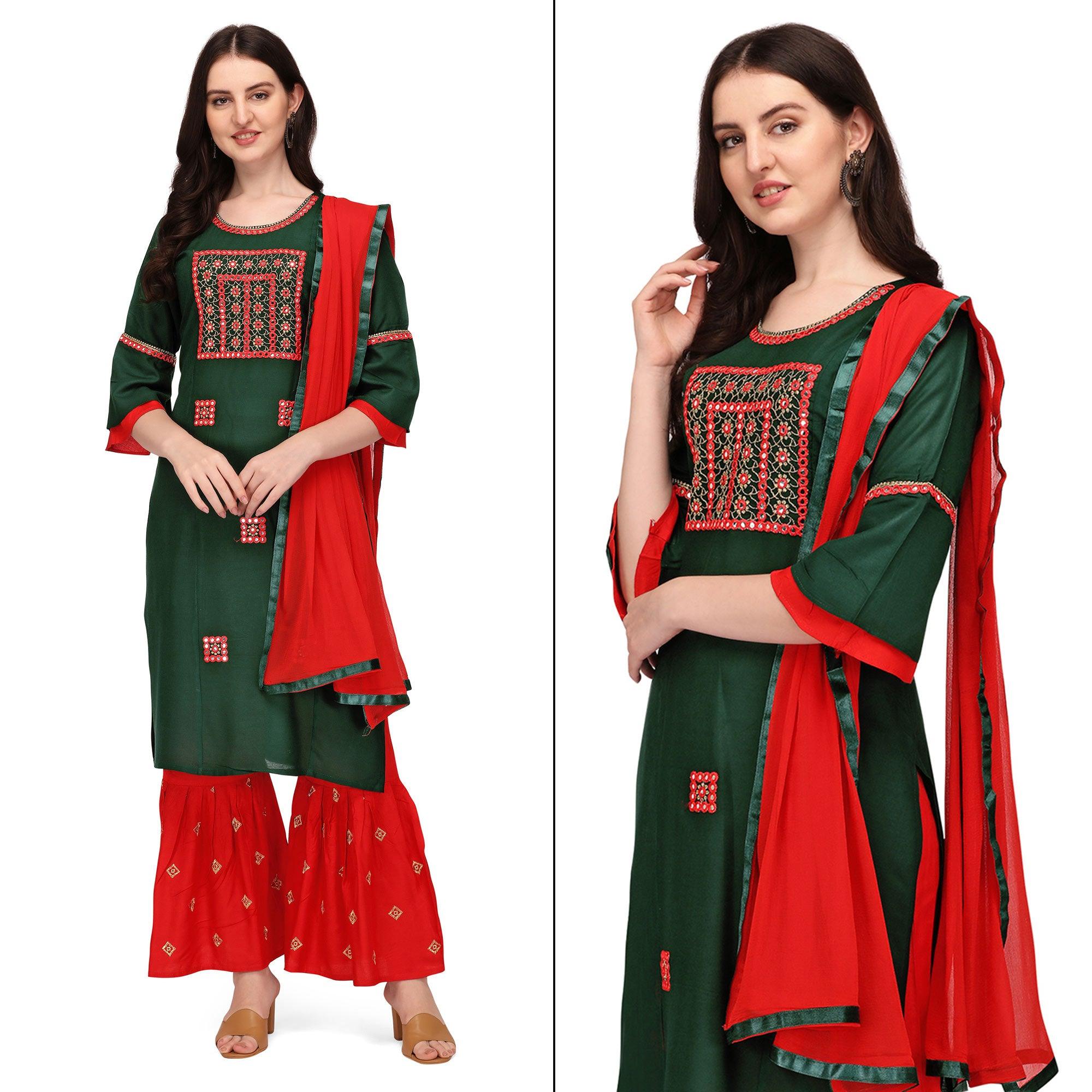 Green Embroidered Rayon Palazzo Suit - Peachmode