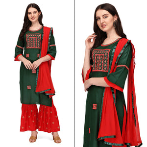 Green Embroidered Rayon Palazzo Suit - Peachmode