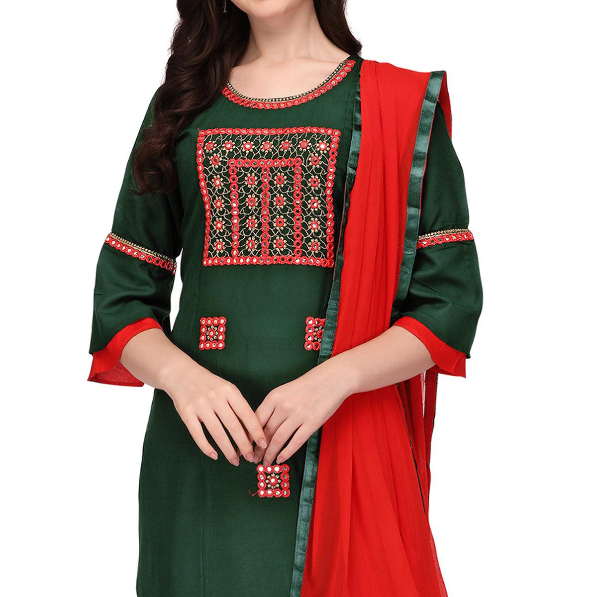 Green Embroidered Rayon Palazzo Suit - Peachmode