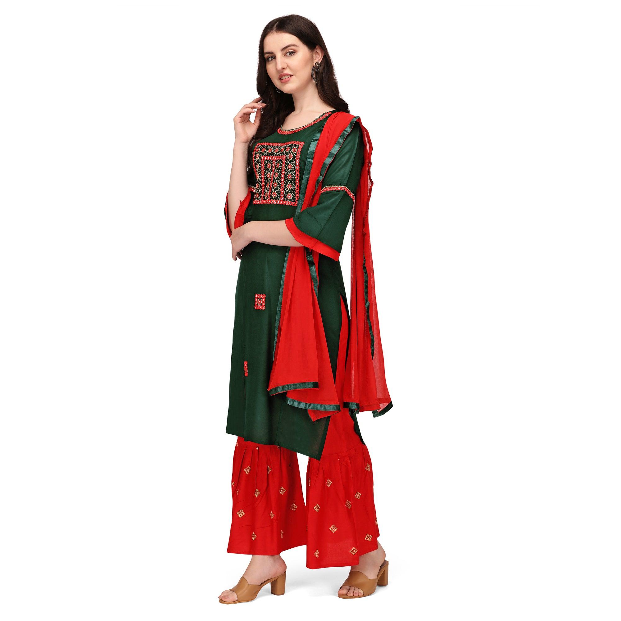 Green Embroidered Rayon Palazzo Suit - Peachmode