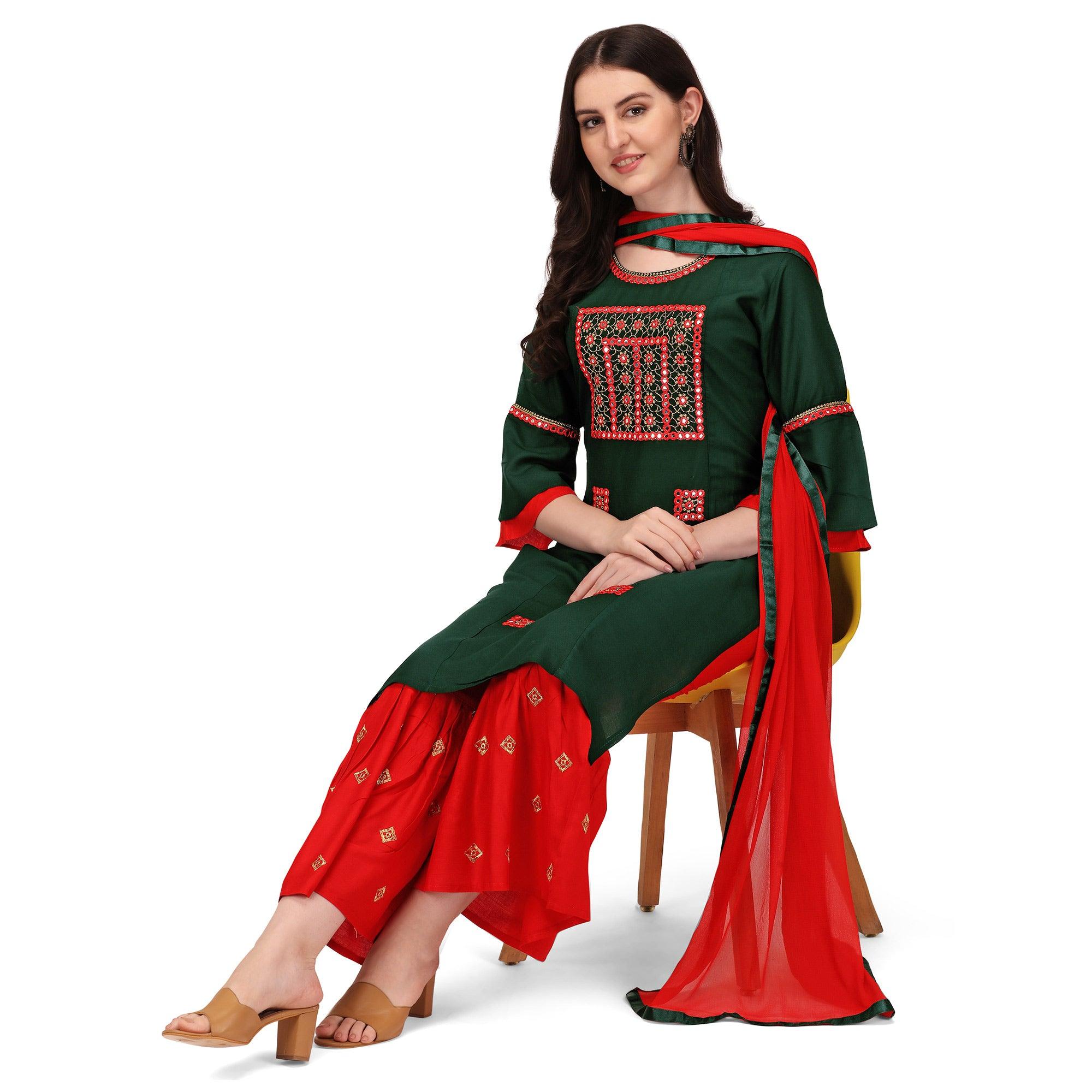 Green Embroidered Rayon Palazzo Suit - Peachmode