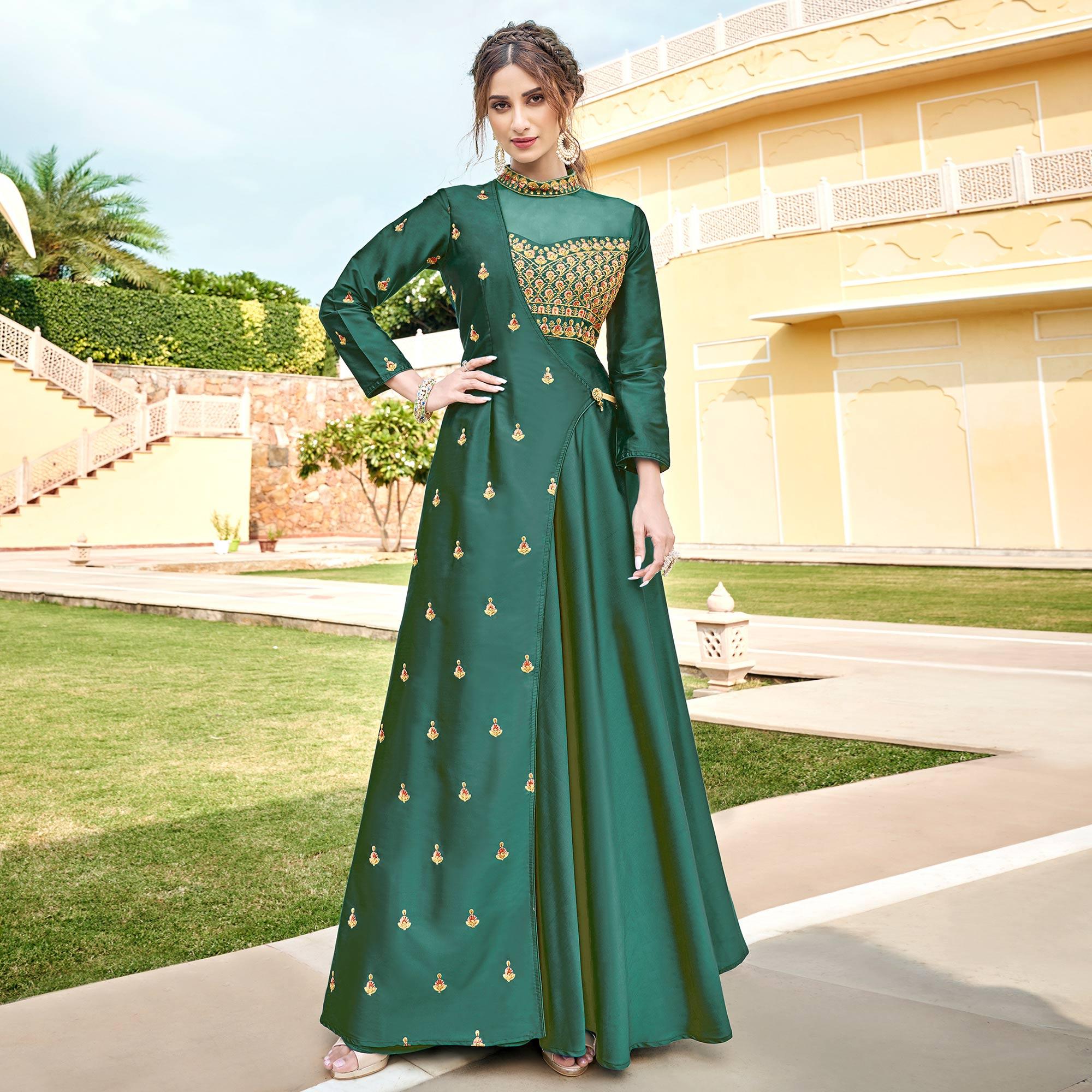 Green Embroidered Tapetta Silk Gown - Peachmode