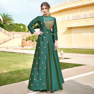 Green Embroidered Tapetta Silk Gown - Peachmode