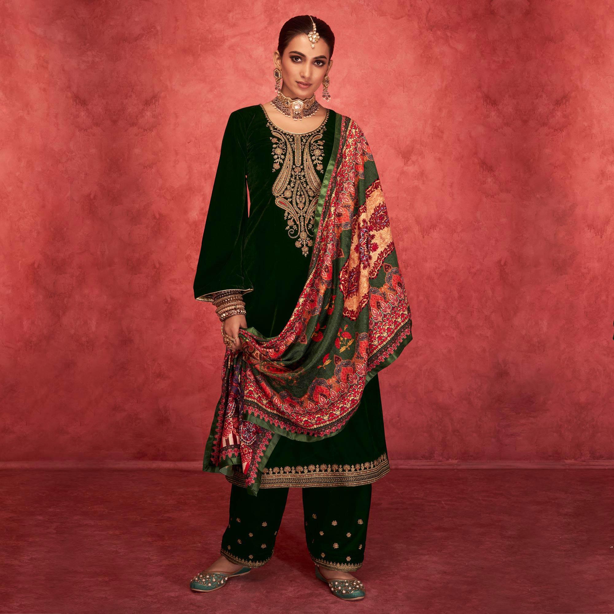Green Embroidered Velvet Pakistani Suit - Peachmode