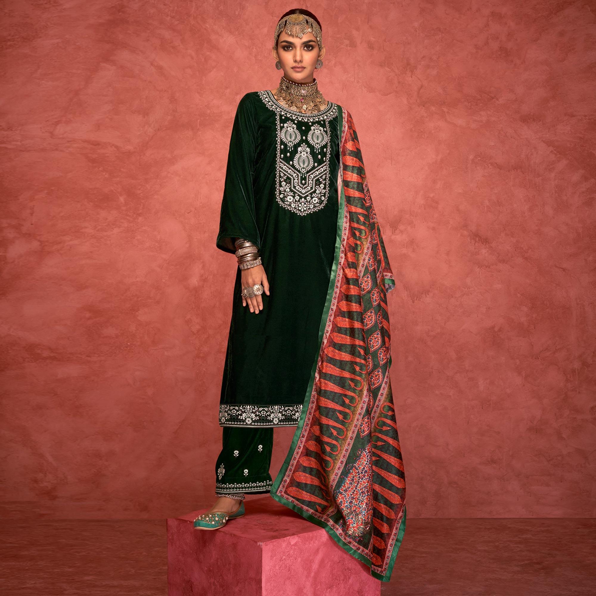 Green Embroidered Velvet Pakistani Suit - Peachmode
