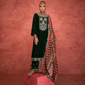 Green Embroidered Velvet Pakistani Suit - Peachmode